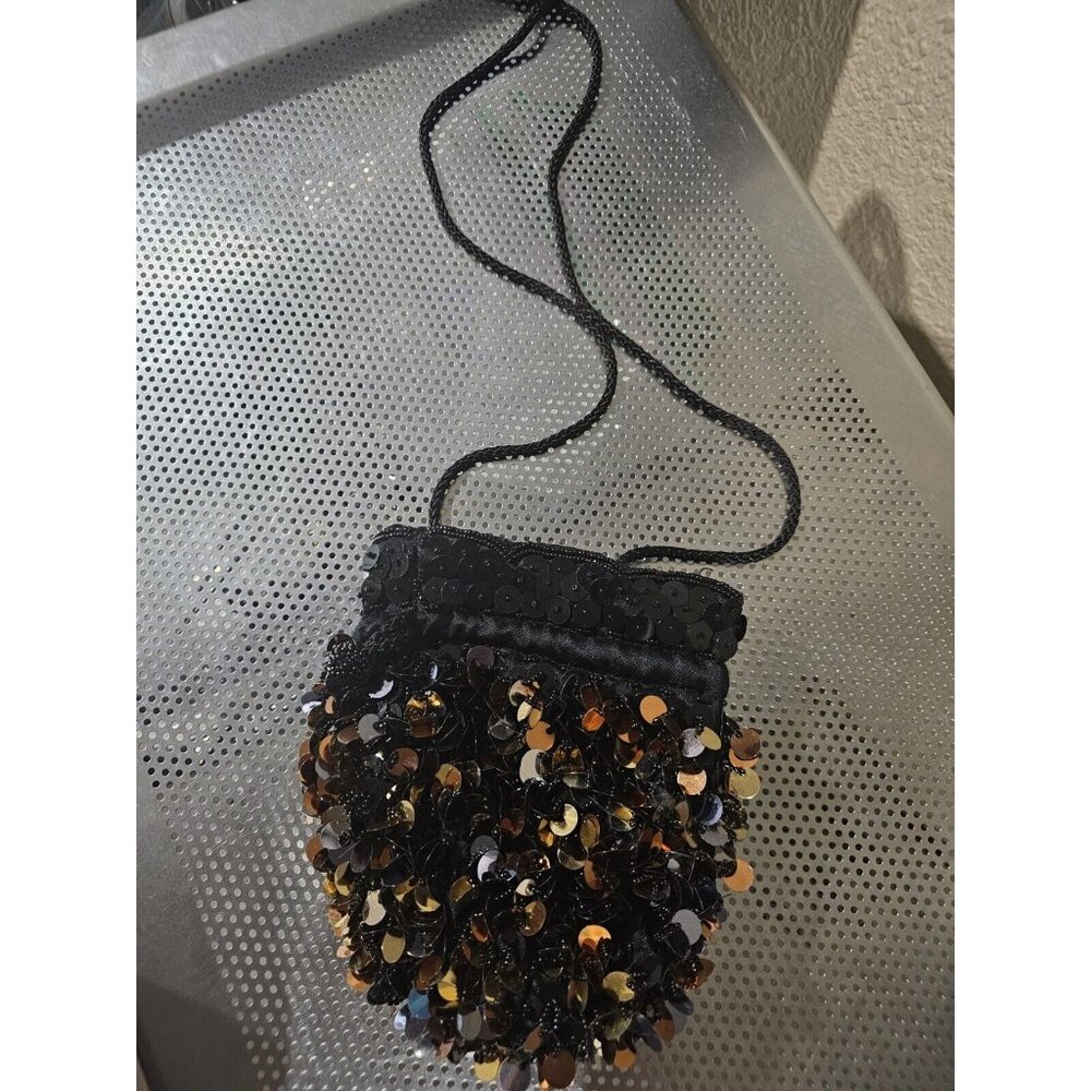 Amanda Smith Vintage All Over Sequined Black Gold Silver Small Purse Crossbody